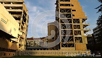 Famous destroyed building of the Ministry of defence in Central Belgrade at sunset Editorial Stock Photo