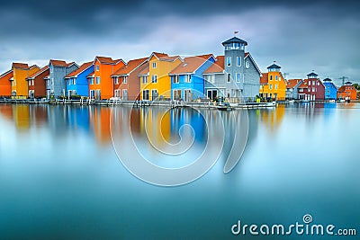 Fantastic colorful buildings on water, Groningen, Netherlands, Europe Stock Photo