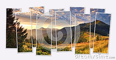 Isolated ten frames collage of picture of colorful sunrise in mountain valley. Stock Photo