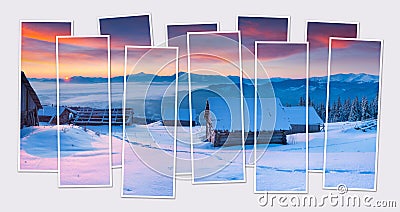 Isolated ten frames collage of picture of picturesque winter view of Carpathian mountains. Stock Photo