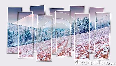 Isolated ten frames collage of picture of winter sunrise in Carpathian mountains. Stock Photo