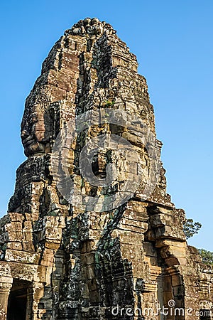Famous faces of Bayon, the most notable temple at Angkor Thom, Cambodia Stock Photo