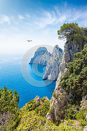 Famous Faraglioni Rocks near Capri Island, Italy. Beautiful paradise image with azure sea in summer sunny day Stock Photo