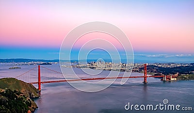 Famous Golden Gate Bridge view from Marin Headlands at sunset, S Stock Photo