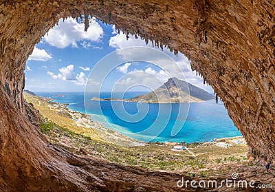 The famous `Grande Grotta`, one of the most popular climbing fields of Kalymnos island, Greece. In the background Stock Photo