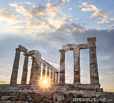 Famous Greek temple Poseidon, Cape Sounion in Greece Stock Photo