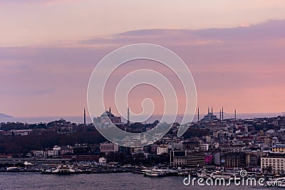 Famous Hagia Sophia and Blue mosque from the distance Editorial Stock Photo