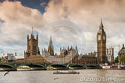 Famous Houses of Parliament and Westminster Bridge over the River Thames in London, England, Great Britain, United Kingdom Stock Photo