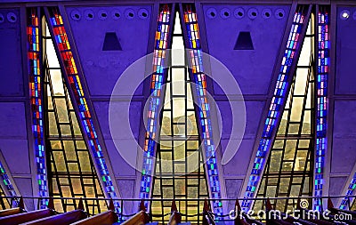 Famous illuminated Air Force Academy Cadet Chapel in the United States Editorial Stock Photo