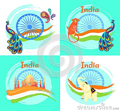 Famous India Symbols on Set of Bright Posters Vector Illustration