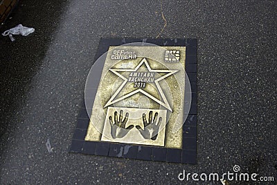 Famous Indian actor Amitabh Bachchanâ€™s handprint placed alongside entertainers like late Michael Jackson in Krakow, Poland Editorial Stock Photo