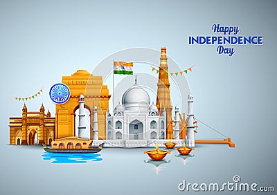 Famous Indian monument and Landmark for Happy Independence Day of India Vector Illustration