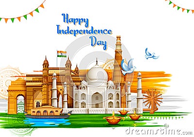 Famous Indian monument and Landmark for Happy Independence Day of India Vector Illustration