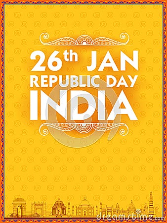 Famous Indian monument and Landmark like Taj Mahal, India Gate, Qutub Minar and Charminar for Happy Republic Day of Vector Illustration