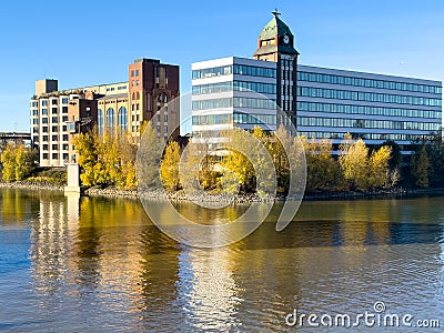 Plange Muehle, heritage builidings, Dusseldorf, Germany. Reconstruction of industrial monuments with grain silos on Media Harbor Editorial Stock Photo