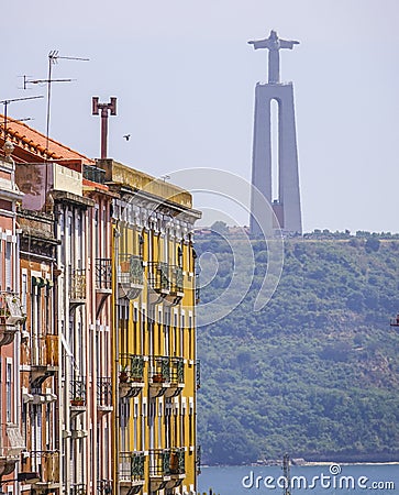 Famous Jesus Christ statue on the hill of Lisbon - Cristo monument Stock Photo