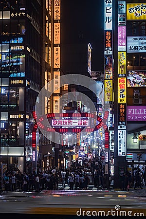Famous Kabuki-cho red light district in Shinjuku at night. Portrait Orientation Editorial Stock Photo