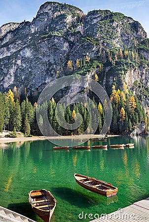 Famous lake Braies in Italy Stock Photo