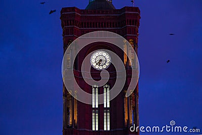Famous landmark and architecture clock tower, red tower in Berlin Stock Photo