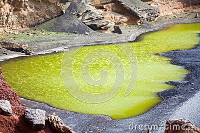 Famous landmark of Lanzarote, green lake Charco de los Clicos Stock Photo