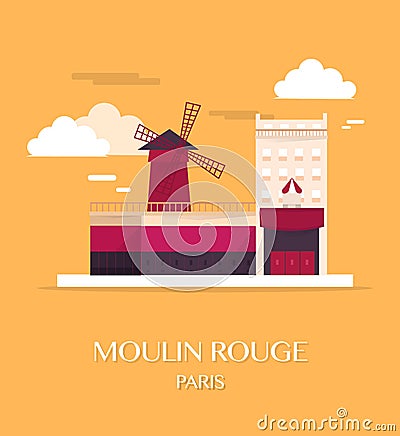Famous landmark Moulin Rouge Paris France. Vector Illustration