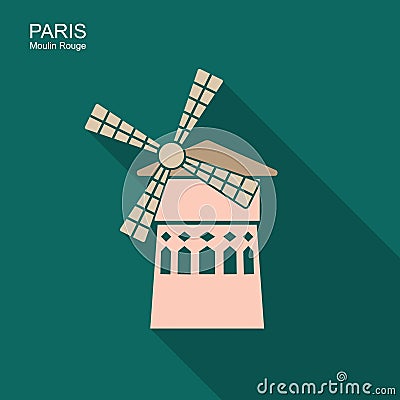 Famous landmark Moulin Rouge Paris France. Vector icon Vector Illustration