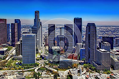 Los Angeles, Downtown, Aerial View, California, Beautiful Cityscape - Original Digital Art Painting Editorial Stock Photo