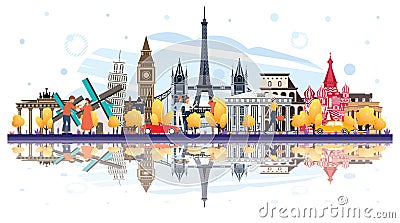 Famous Landmarks in Europe with Reflections Isolated on White Stock Photo