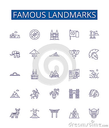 Famous landmarks line icons signs set. Design collection of Monument, Tower, Citadel, Palace, Ruins, Castle, Temple Vector Illustration