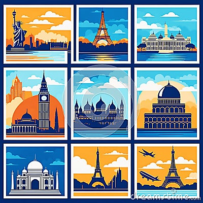 famous landmarks or travel-related elements illustration. for website or commercial use Cartoon Illustration