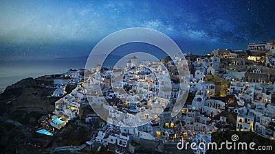 The famous of landscape view point with milky way in the night scene at Oia town on Santorini island Stock Photo