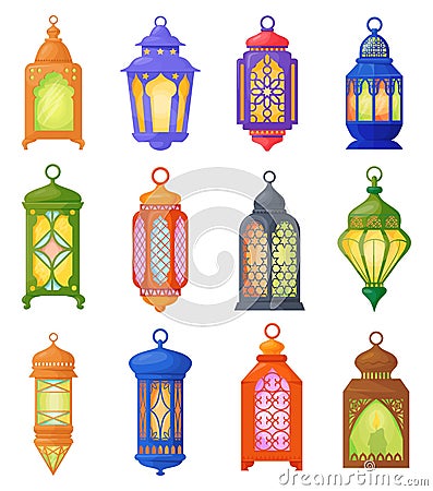 Famous lanterns. Cartoon ramadan lamps for iftar party, hanging old arabic lamp or ramadhan lantern fanoos, traditional Vector Illustration