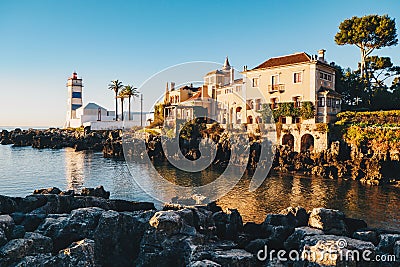 The famous lighthouse in Cascais, Portugal and Santa Marta Farol Museum Stock Photo