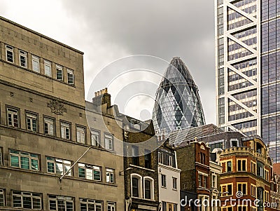 Famous London Gherkin Building and Classic City Buildings Editorial Stock Photo