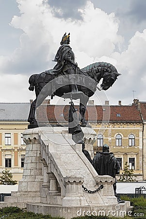 The famous Mathias Rex statue on August 21, 2018 in Cluj-Napoca. Editorial Stock Photo