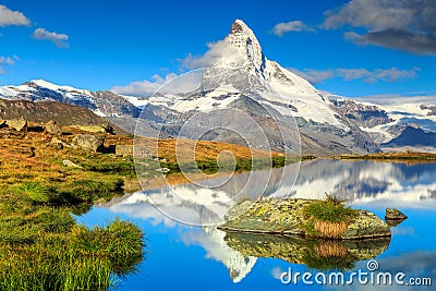 Famous Matterhorn peak and Stellisee alpine glacier lake,Valais,Switzerland Stock Photo