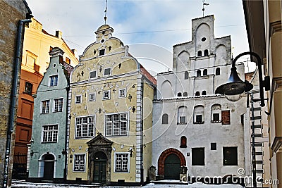 Famous medieval buildings in Old Riga. The home of the three brothers. Latvia Editorial Stock Photo