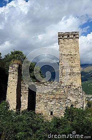 Famous medieval georgian village with tribal fortified tower Stock Photo