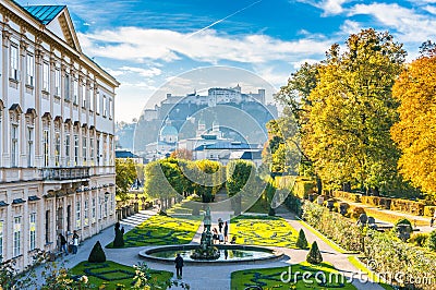Famous Mirabell Gardens with historic Fortress in Salzburg, Austria Stock Photo