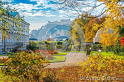 Famous Mirabell Gardens with historic Fortress in Salzburg, Austria Stock Photo