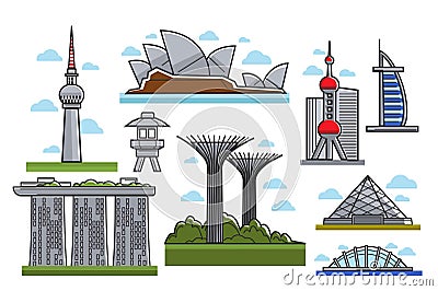 Famous modern futuristic landmarks isolated cartoon illustrations set Vector Illustration