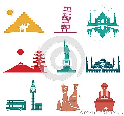 Famous monuments travel icons. Vector Illustration