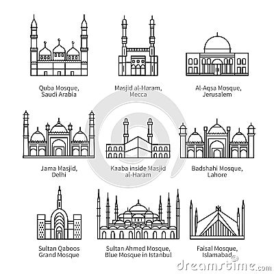 Famous mosques and Islam`s holiest places Vector Illustration