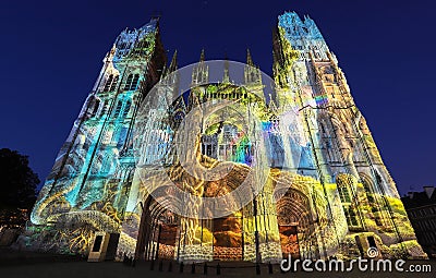 Famous Notre-Dame de Rouen cathedral at twilight, Rouen, France Editorial Stock Photo