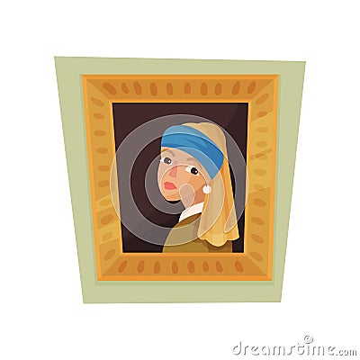 Famous painting of girl with pearl earring and blue headscarf. Museum exhibit. Flat vector for promo poster Vector Illustration