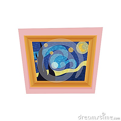Famous painting of starry night by Vincent van Gogh. Museum exhibit. Art gallery theme. Flat vector for advertising Vector Illustration
