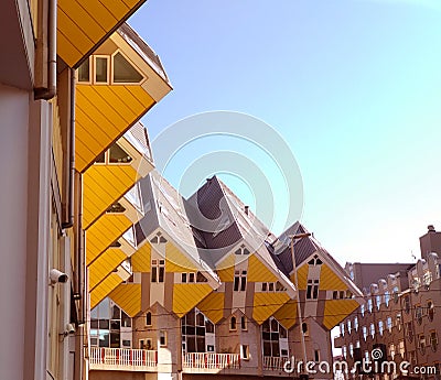 Famous and picturesque yellow cubic houses of Rotterdam, the modern Dutch metropolis Editorial Stock Photo
