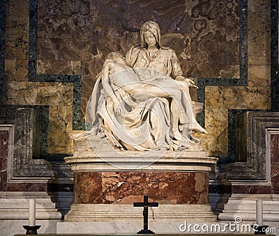 The famous Pieta or Lamentation of Christ is the sculpture of Michelangelo Buonarroti in St. Peter`s Cathedral in the Vatican. Editorial Stock Photo