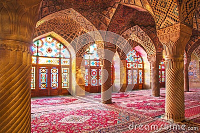 Famous pink mosque decorated with mosaic tiles, Shiraz, Iran. Editorial Stock Photo