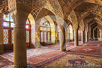 Famous pink mosque decorated with mosaic tiles, Shiraz, Iran. Editorial Stock Photo